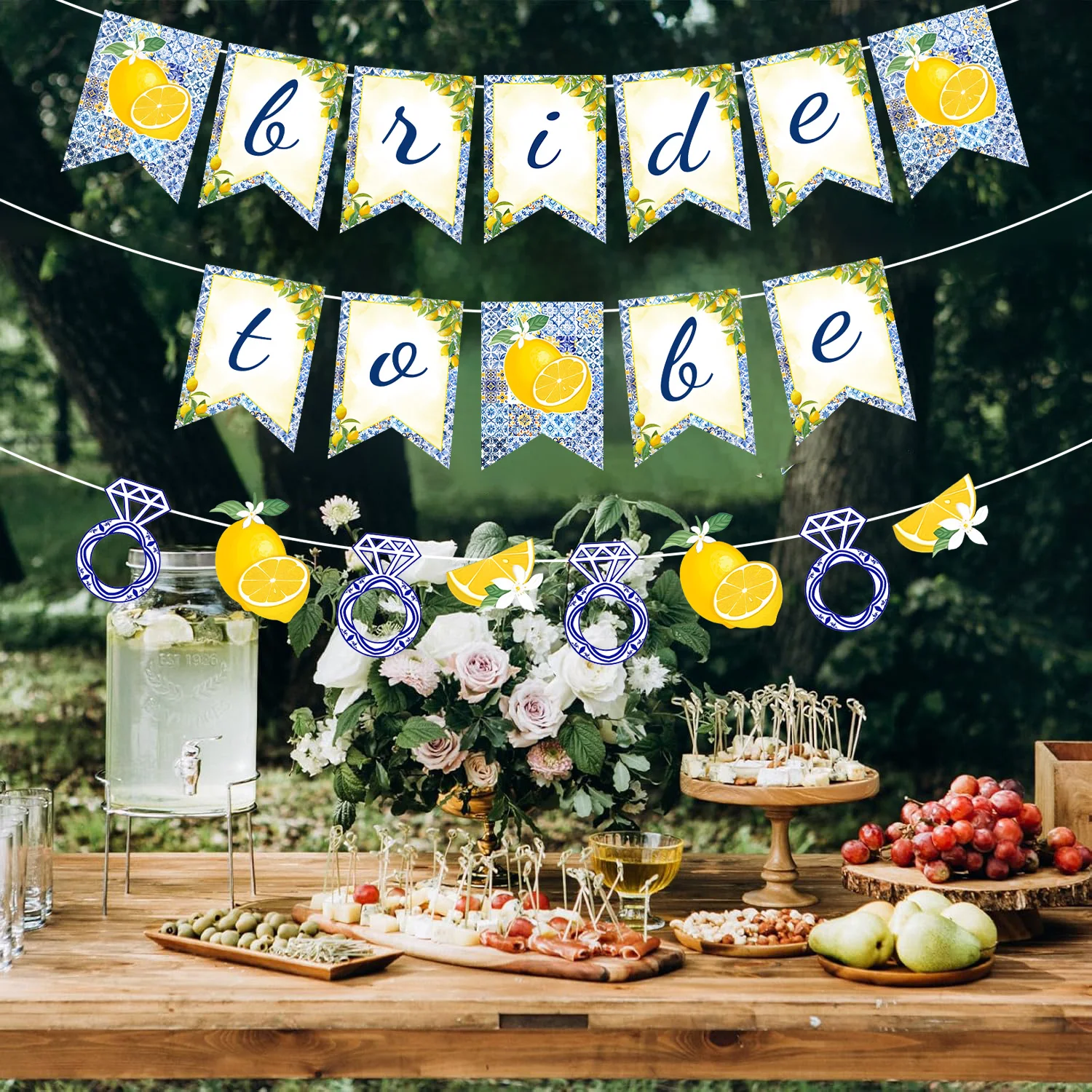 Zitronen-Themen Brautparty-Dekorationen Vorgefertigtes Amalfi-Küsten 'Bride to Be' Banner-Set Blaue Fliesen Gelbe Zitronen Junggesellenabschied – Detail 2
