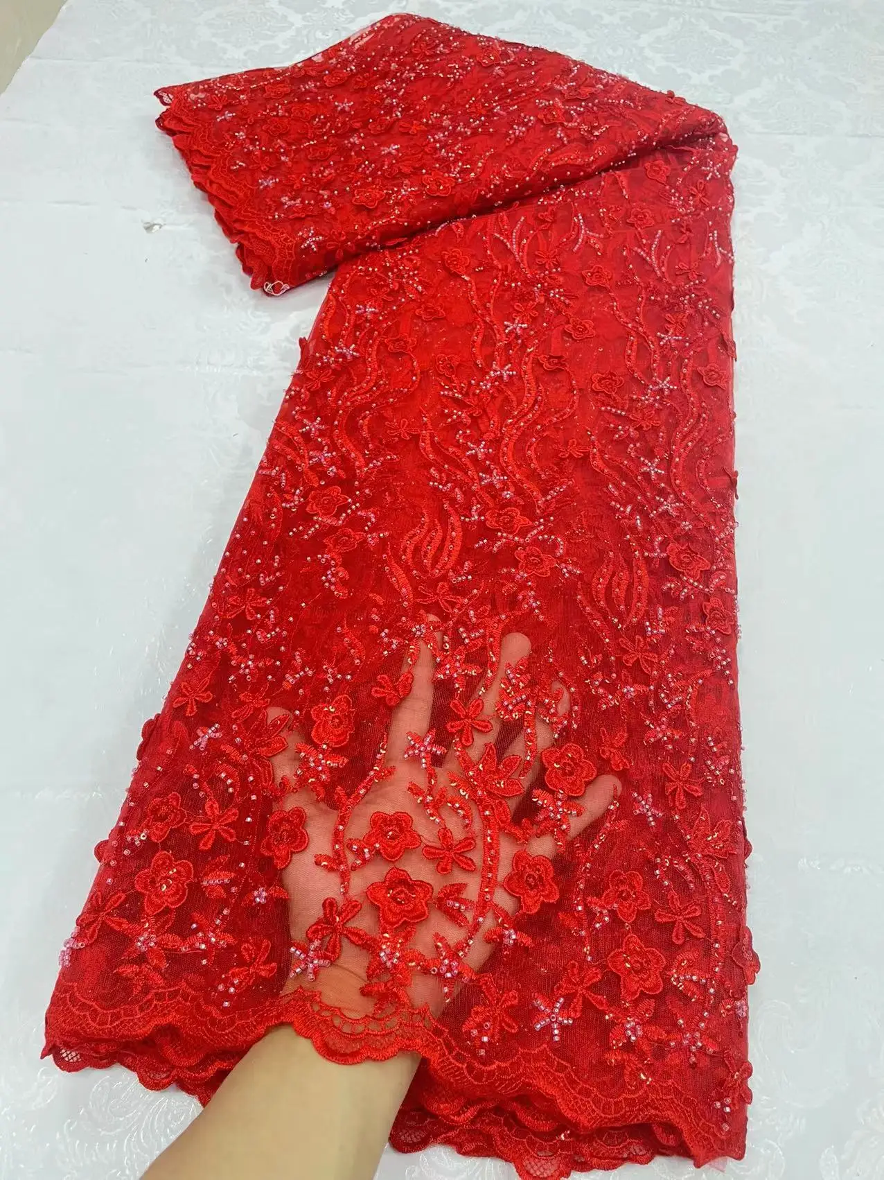 

5Yards African Dubai Fabrics Embroidery By In The Meter Party Dresses Mesh Sequins Tulle For Women Sewing Red Beaded Lace Fabric