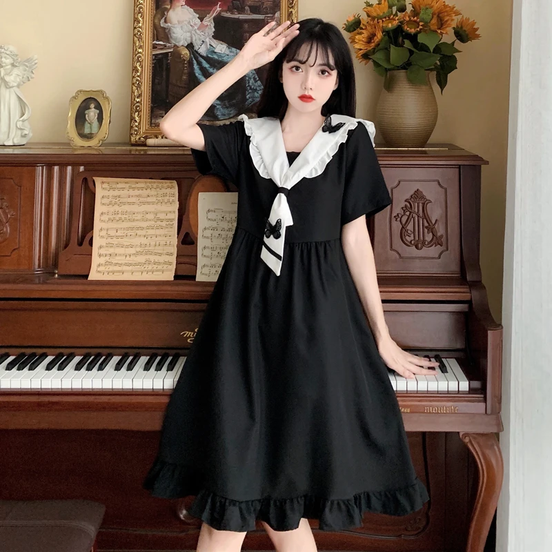 

Gothic Lolita Style Dress Japanese Women Sweet Butterfly Sailor Collar Bow Ruffles JK Uniform Dresses Girl Dark Punk Party Dress