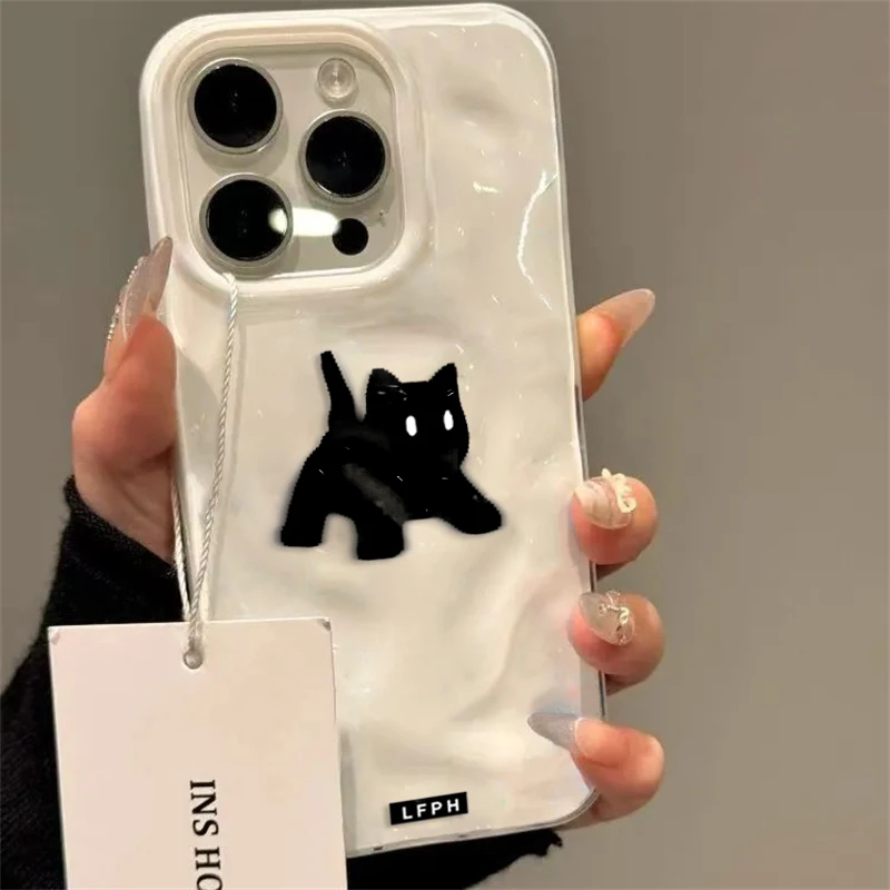 Chic Black Fuzzy Cat Shockproof Phone Case - Candy Color Wave Pattern Protective Cover
