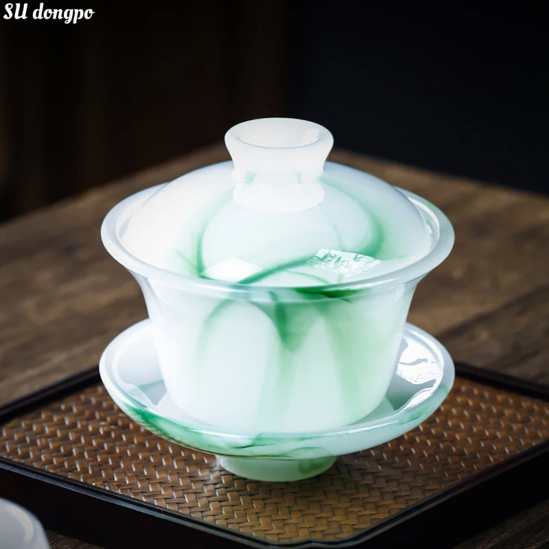 Emerald Green Ink Tea Cup Jade Porcelain Sancai Covered Bowl Tea Bowl Tureen Glass Kungfu Set Accessories Gift