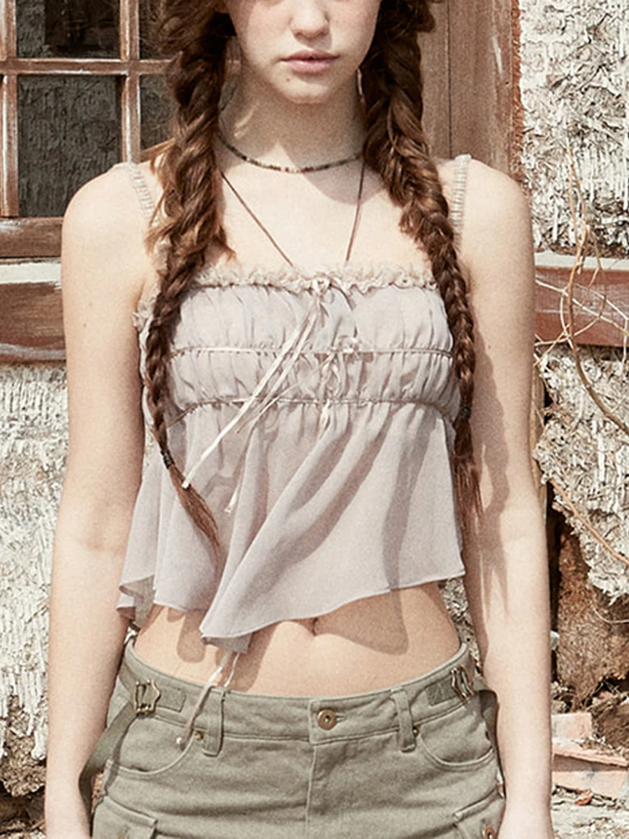 

Women Fairycore Ruched Sheer Mesh Strappy Lace Camisoles Top Sexy Sleeveless Backless Slim Fit Tank Cropped Top Y2K Streetwear