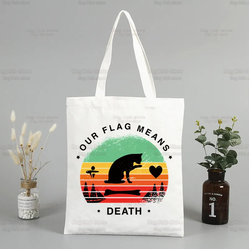 

Our Flag Means Death Cat Flag Women Handbags Canvas Tote Shopping Bags Reusable Shopping Bag Eco Foldable