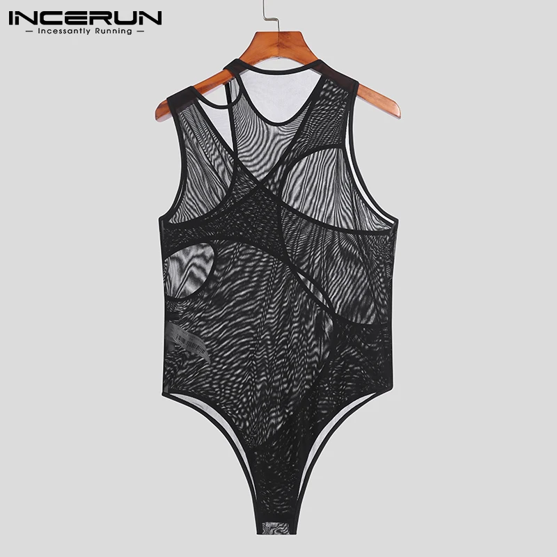 INCERUN 2022 Comfortable Homewear Men's Jumpsuit See-through Mesh Solid Color Male Irregular Sleeveless Triangle Bodysuits S-5XL mens pajama bottoms