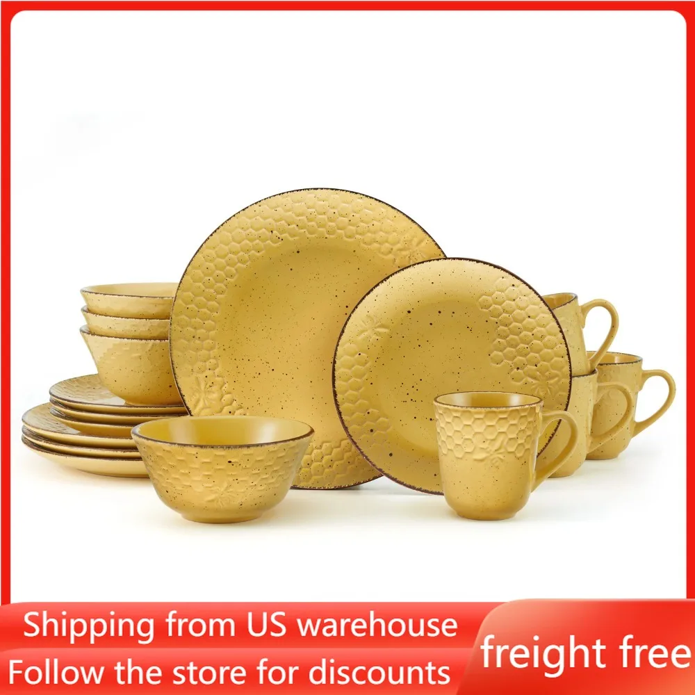 

Food Plate Set Free Shipping Bumblebee Yellow 16-Piece Dinnerware Round Ceramic Dishes to Eat Plates Dinner Sets Dish Tableware
