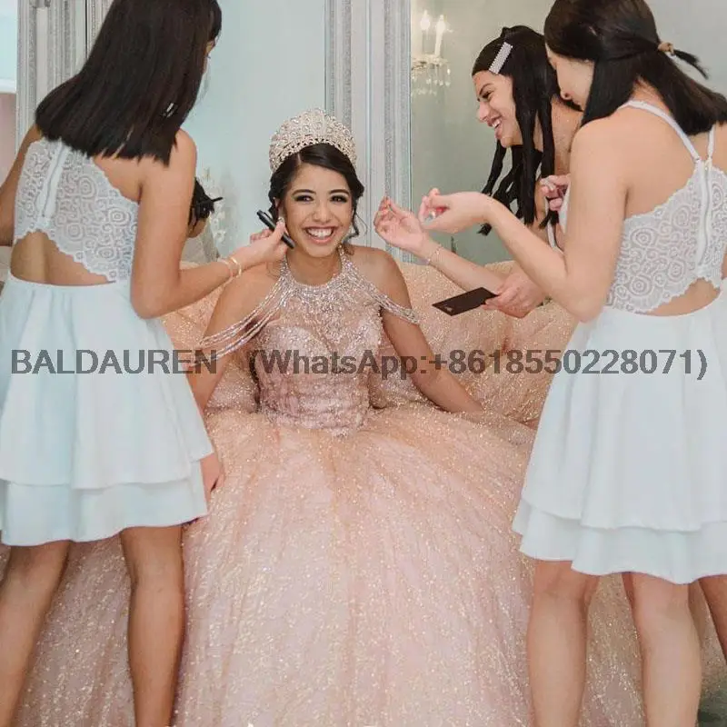 Rose Gold Pink Sequined Lace Quinceanera Dresses High Neck Crystal Beading Off Shoulder Ball Gown Customized