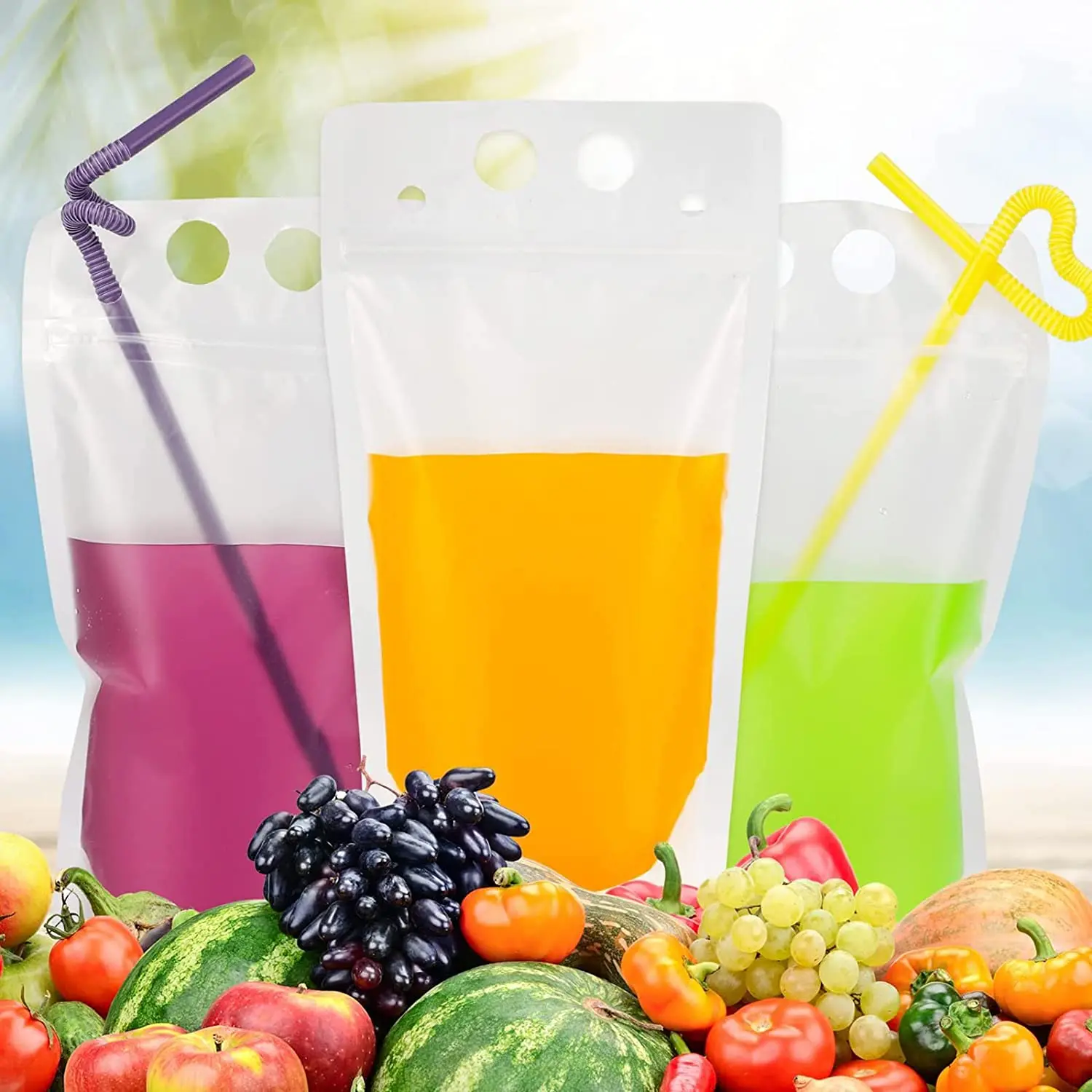 Drink Pouches reusable drink pouches Juice Bags Reusable Drink Cocktail Smoothies Pouches For Party Summer Fun Bags With 50 Straws 50 Pcs