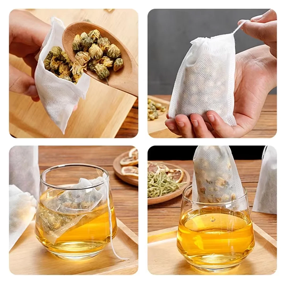 100PCS Disposable Drawstring Tea and Spice Filter Bags, Non-Woven Material