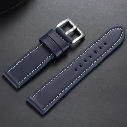 Premium Genuine Leather Watchband with Vintage Stitching - Universal Sport Strap - Silver Buckle (Blue White)