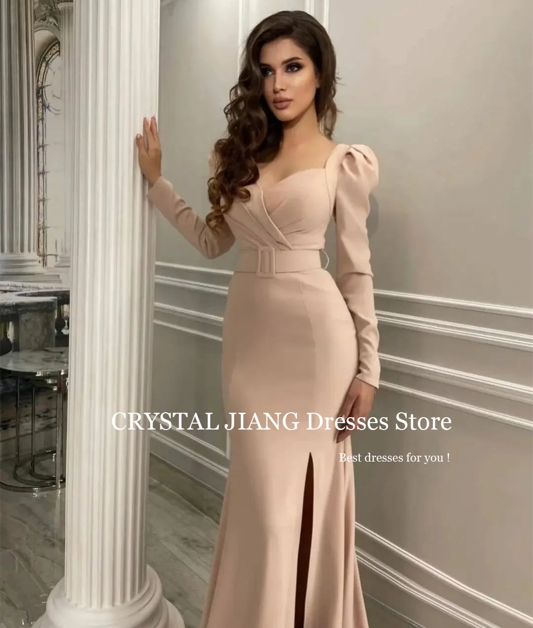 

Elegant Long Square Collar Crepe Muslim Evening Dresses Full Sleeveless with Slit A Line Sheath Sweep Train вечернее платье