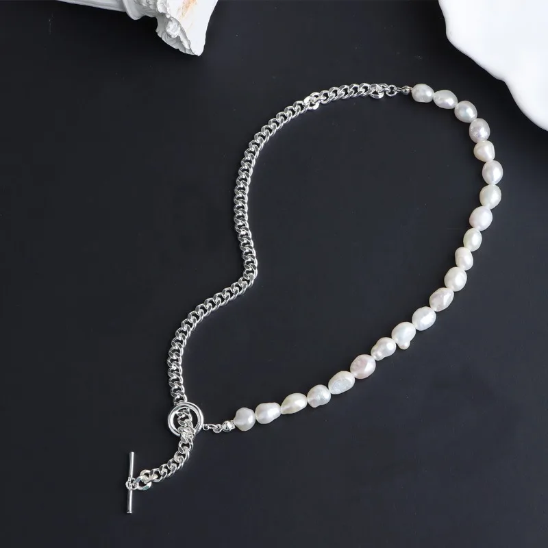 

Minar Personality Freshwater Pearl Beaded Necklaces for Women Silver Plated Copper Chunky Cuban Chain Toggle Clasp Circle Choker