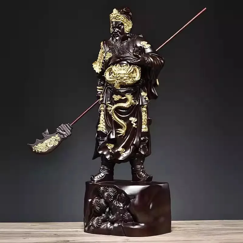 Large Ebony Wood Carving Guan Gong Statue - Chinese God of Wealth & Protection, Handcrafted Feng Shui Warrior Sculpture for Home