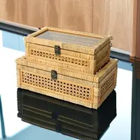 Rattan and Cane Stacking Boxes with Glass Top Lid - Set of 2 for Boho, and Rustic Farmhouse Decor 1