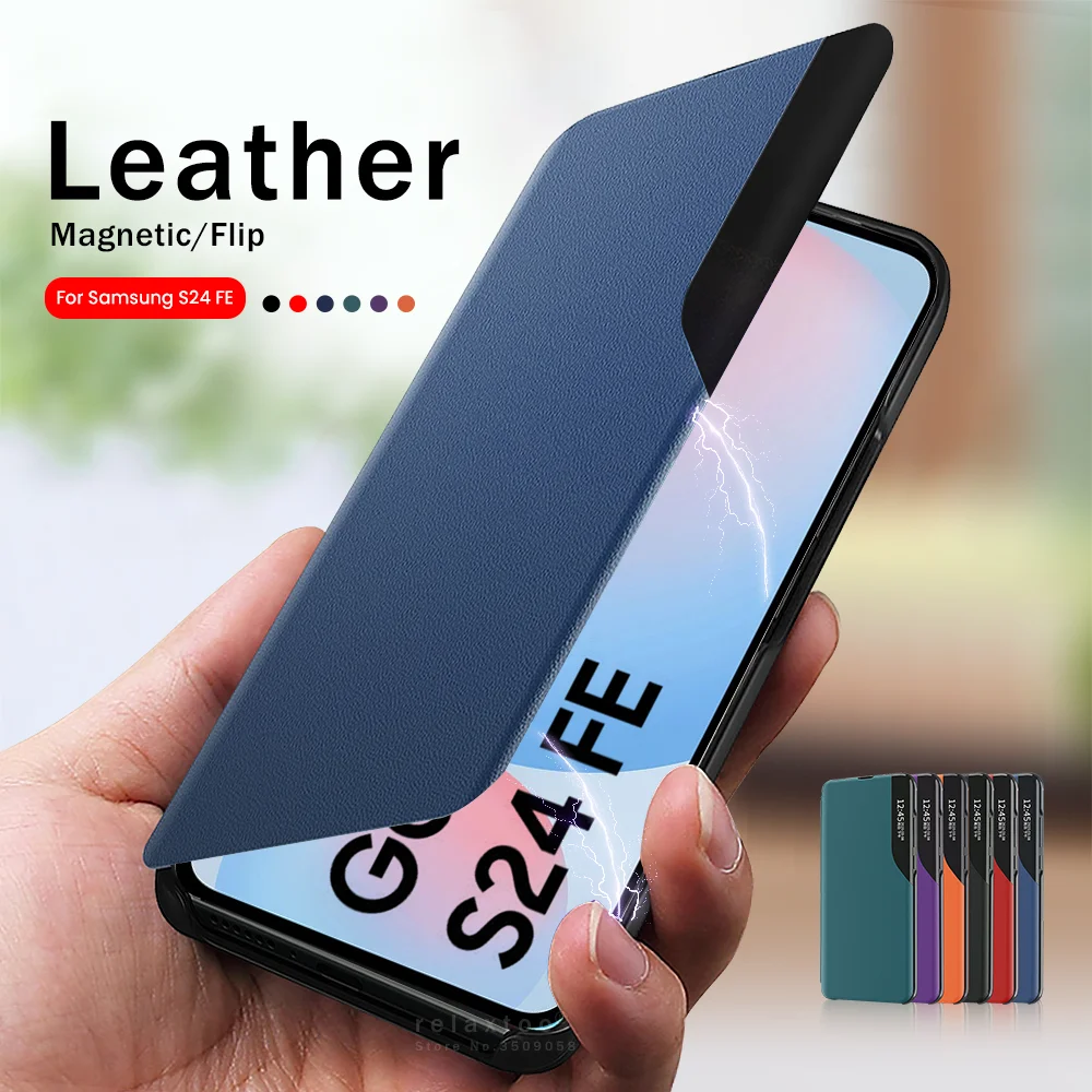 Smart Side View Flip Leather Case Magnetic Book Stand For Samsung Galaxy S24 FE 5G phone case leather phone case leather wallet case leather case smart mirror flip case