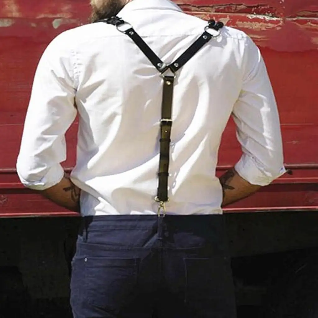 Mens Leather Adjustable Slim Trousers  Suspenders Fancy Dress