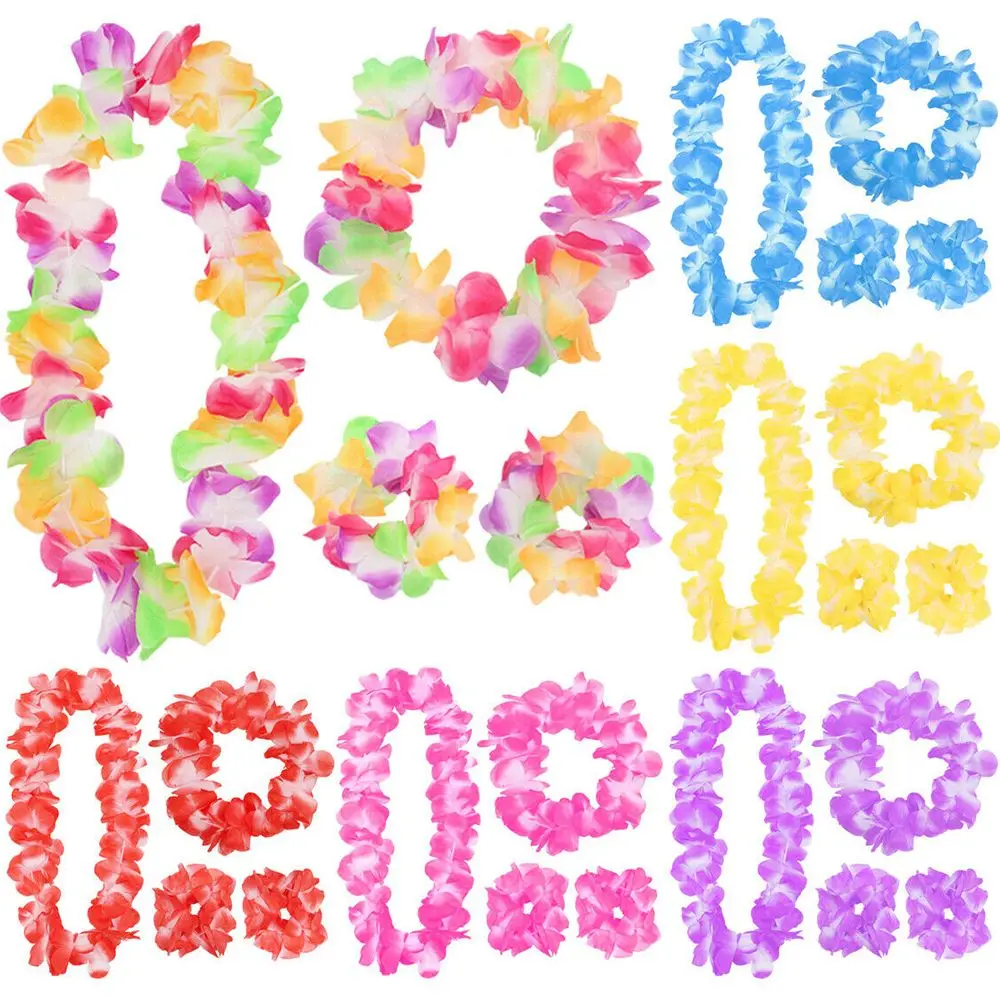Hawaiian Flower Lei Hula Necklace Garland Headband Wristbands 4pcs/set for Wedding Beach Tropical Party, hawaiian party supplies