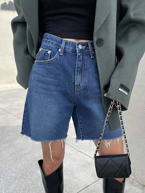 New 2024 Summer High Waist Denim Shorts For Women Pockets Burrs Blue Color Short Jeans Women Streetwear Casual Women's Shorts