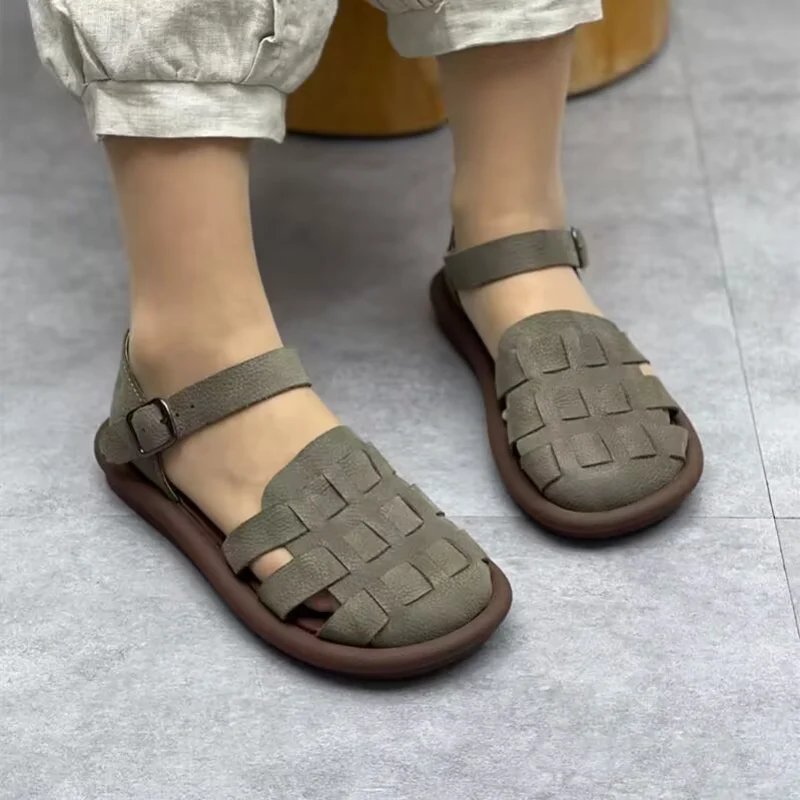 

2023 High Quality Women's Summer Shoes Flat with Sandals Leather Buckle Women Sandals Slip on Outdoors Ladies Beach Shoes