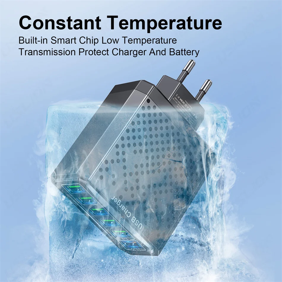 USLION 6 In 1 USB Charger Quick Charge 3.0 EU Plug For Phone Adapter For iPhone 14 11 12 Tablet Portable Wall Mobile Charger