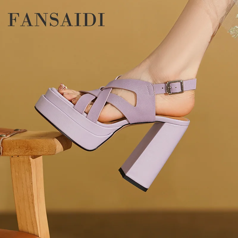 

FANSAIDI 2023 Summer Women Fashion Sexy Buckle Block Heels Waterproof Genuine Leather Purple Sandals Square Toe Chunky Heels