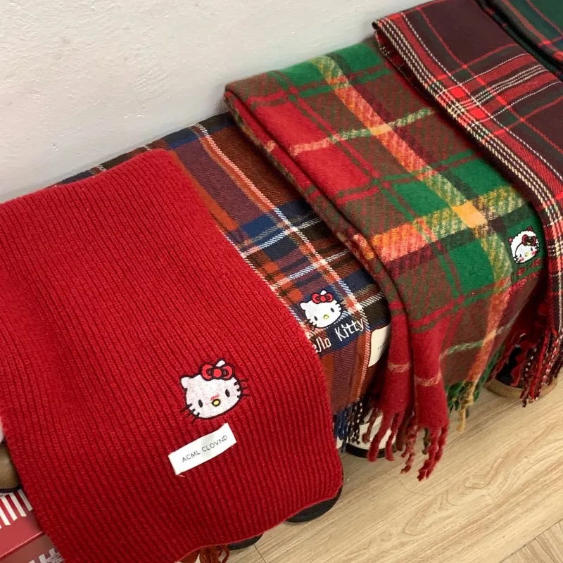 

Christmas New Year Sanrio Hello Kitty Scarf Female Wine Red Lattice Thicken Autumn and Winter Keep Warm Scarf Versatile Student