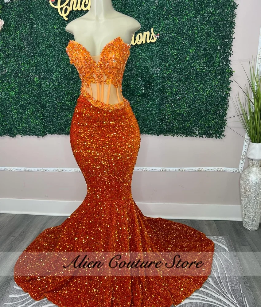 Sparkly Orange Sequins Mermaid Party Dresses Bead Crystals Diamnods Robe Sweetheart Evening Dress Birthday Dress Customized