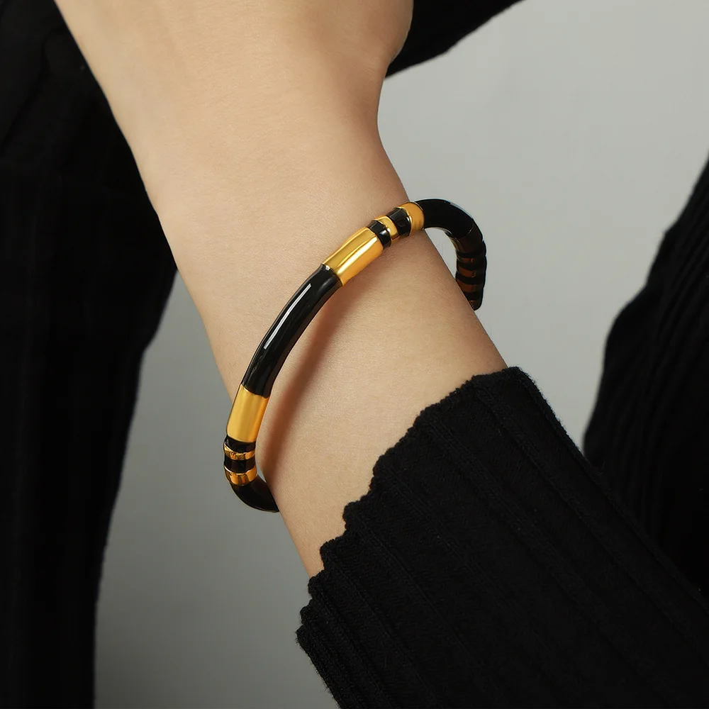 Chic Cuff Bracelets For Women Stainless Steel Beige Black Enamel Women Smooth Bangle Waterproof Charm Daily Jewelry bangle bracelet stainless steel bracelet
