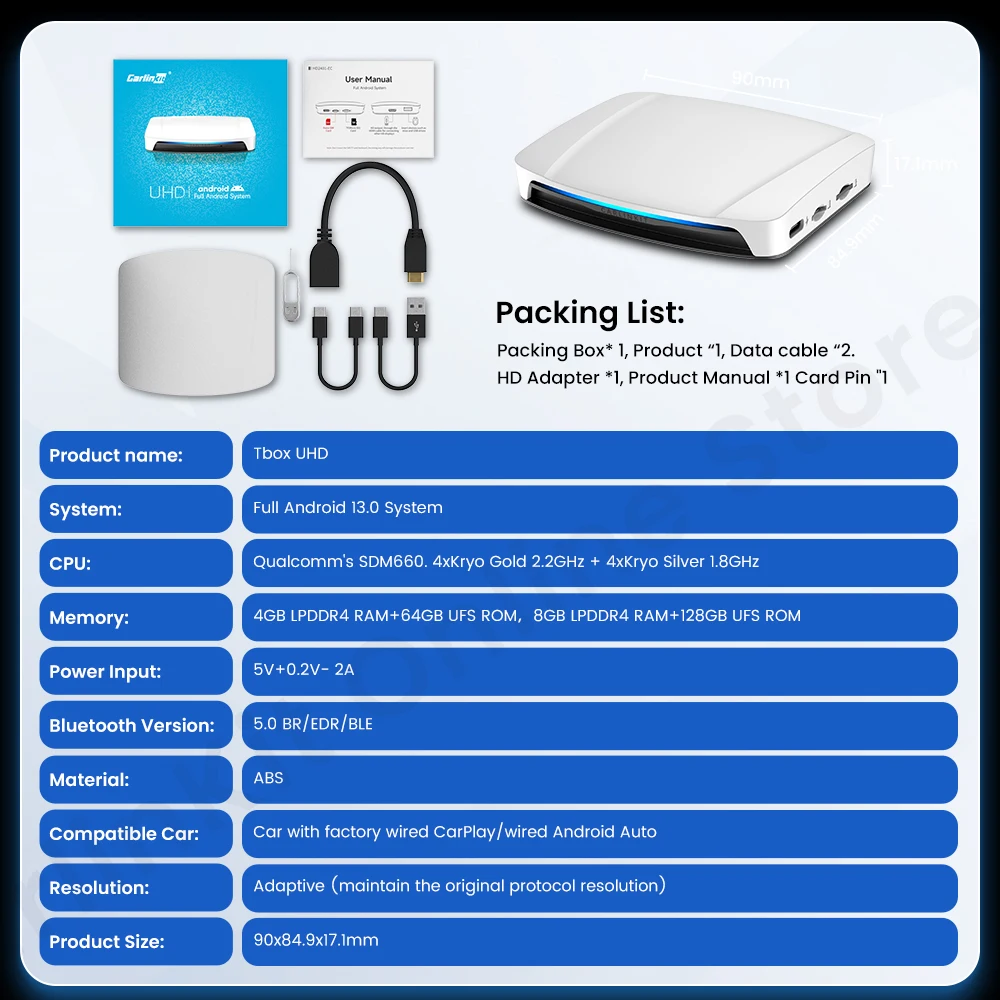 Carlinkit UHD TV ڽ, ȵ̵ 13.0,  8 ھ  ī÷  ȵ̵ ڵ  , 4K HD  , ¶ 