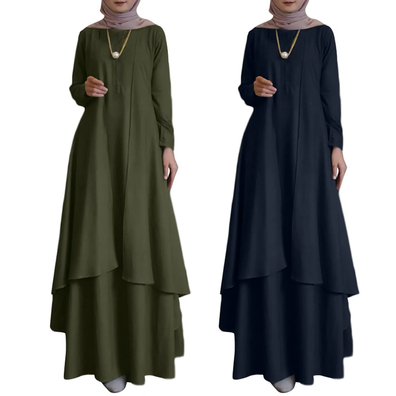 Elegant Muslim Dress Women Long Sleeve O-neck Ruffle Hem Solid Color Long Robe Gowns Holiday Dress Islamic Clothing