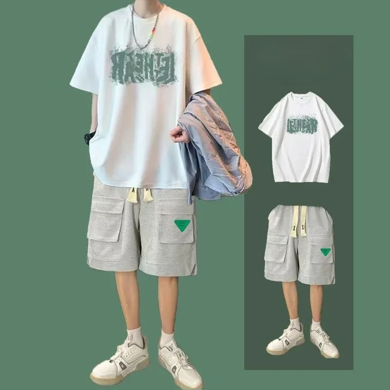 thumbnail image 1 of Camisetas, pantalones cortos, trajes para hombres, jogger, estampado, deportes, correr, jogging, gráfico, elegante, conjuntos para hombre, nuevo, conjunto de 2 piezas a juego S, 1 of 5