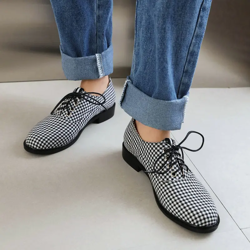 

Wholesale Plaid Checker Leopard Designer Women Shoes Spring Autumn Lace-up Round Toe Leisure Flats Derby Shoes Women Brogues