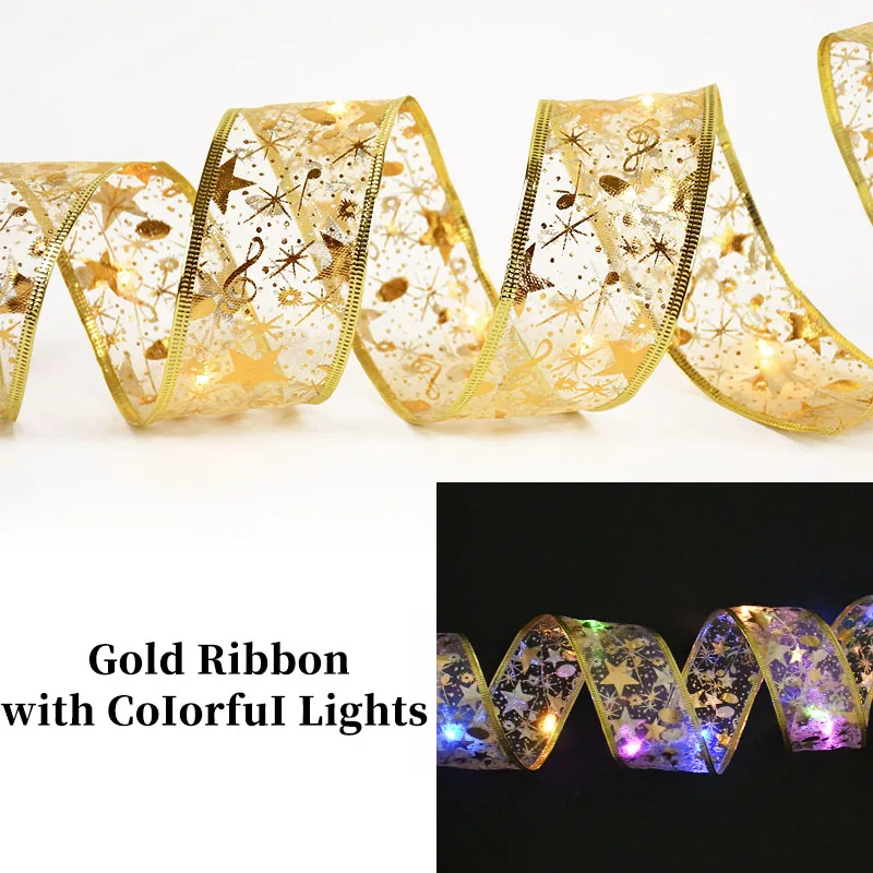 Decoración navideña Luces LED de cinta Adornos para árbol de Navidad Lazos de encaje DIY Cadena de luces Decoración navideña para el hogar Año Nuevo 2023