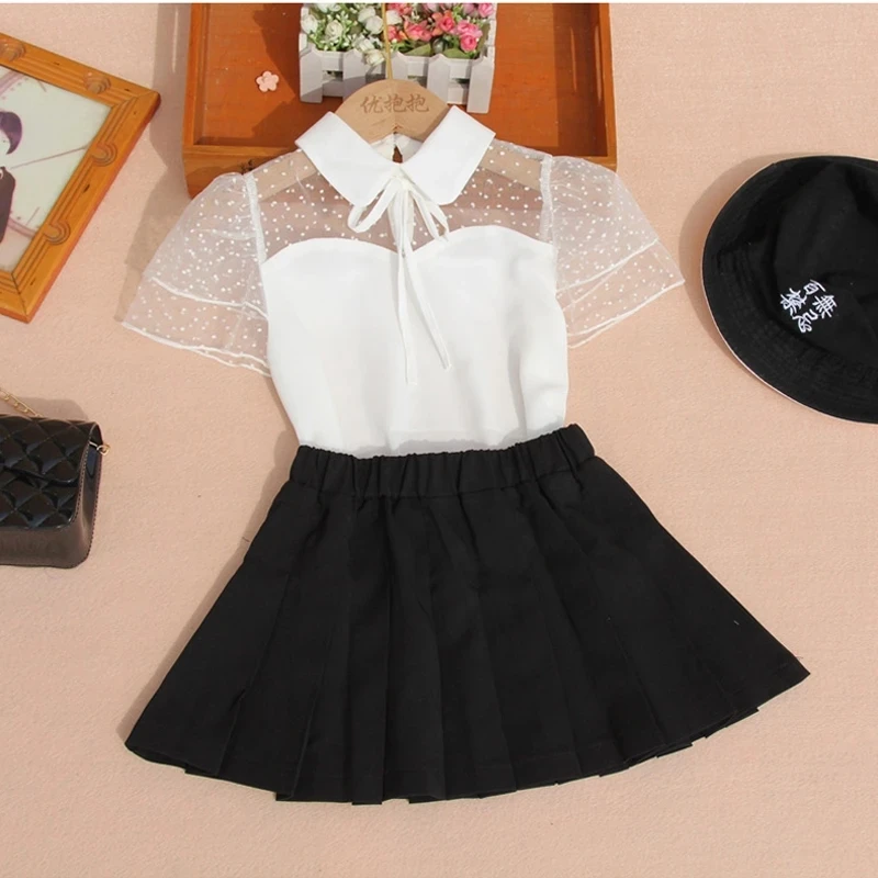 Hot Sale Fashion Girls Blouses Summer Chiffon Lace Children White Short Sleeve Shirts Teenage Turn-down Collar Basic Tshirts For