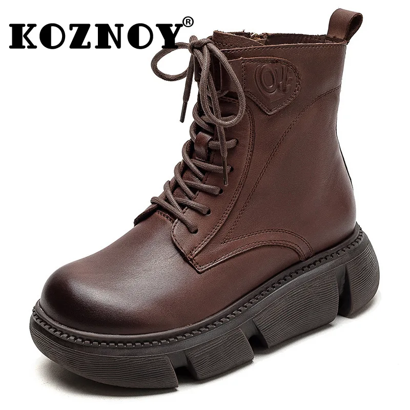 

Koznoy 5cm Genuine Leather Autumn Knee High Boots Women Motorcycle Ankle Booties Big Toe Punk High Top Wedge Thick Soled Shoes