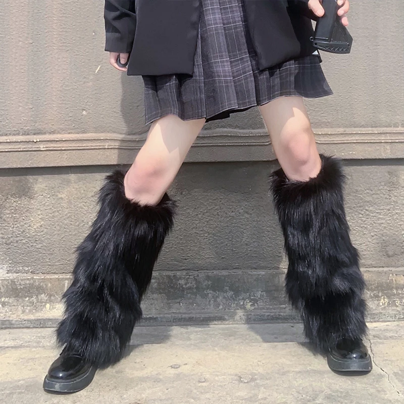 E-girl Furry Leg Warmers Boot Covers Y2K Goth White Faux Fur Leg Warmers Punk Jk Knee-length Hiphop Warm Sock Fashion Socks