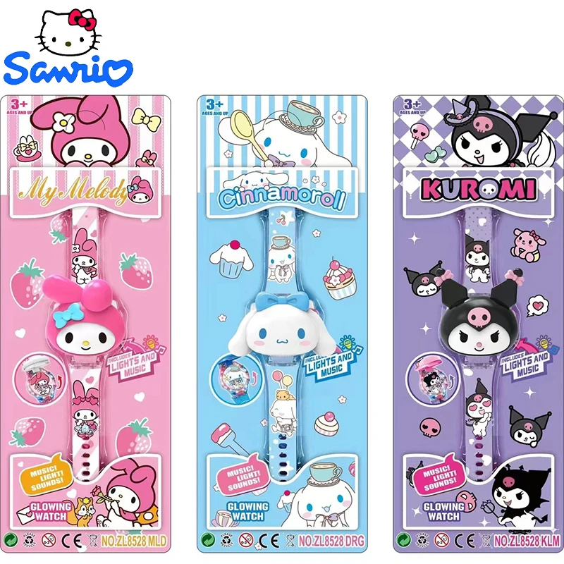 

Часы Sanrio Cinnamoro Hello Kitty водонепроницаемые музыкальные детские наручные часы Kuromi Мультяшные светодиодные светящиеся кварцевые часы подарок для детей