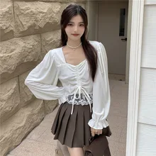 

New Spring Summer Blouse Tops Women 2022 Fashion Puff Sleeve Lace Patchwork Drawstring Long Sleeve Cropped Blouse Loose Pullover