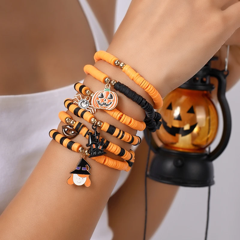 6 Teile/satz Böhmischen Halloween Hexe Kürbis Armbänder für Frauen Handgemachte Weiche Keramik Perlen Armband Mädchen Party Festival Geschenk