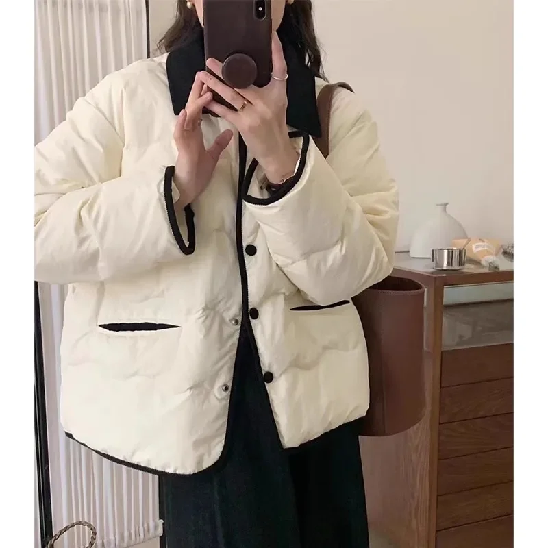 

Short Jacket Fall Winter Woman Parkas 2023 Thick Warm Spliced Coat Turn Down Collar Korean Fashion Loose Puffer Outerwear Tops
