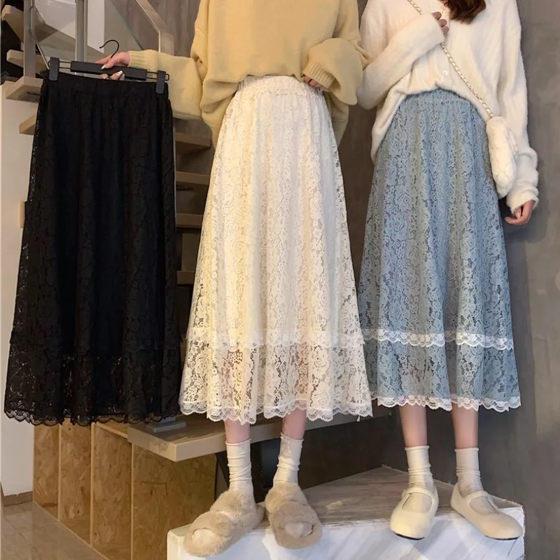 Japanese Lace Stripe Midi Skirt Women Summer Korean Fashion Elastic