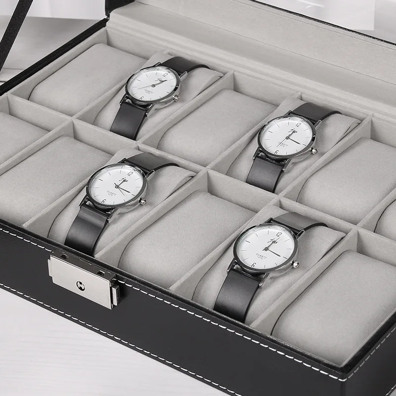 DELESYS Grey PU Leather 6/10/12 Slots Watch Box Watch Jewelry Storage Box Display Case For Holiday Gift