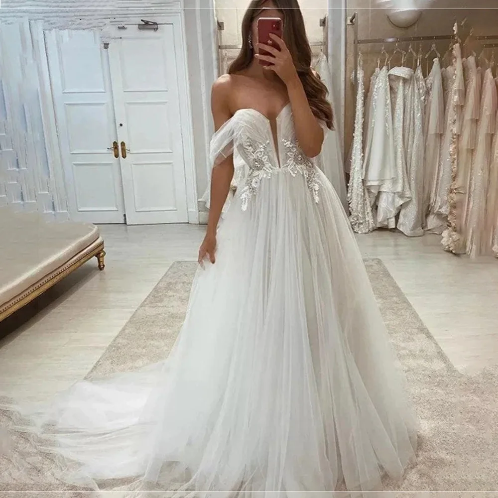 

Off the Shoulder Appliques Lace Illusion Wedding Dress for Women A-line Court Backless Wedding Gown vestidos de novia