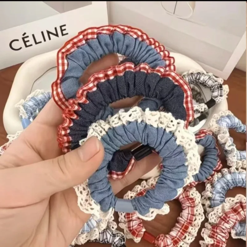 Women's High-Quality Denim Lace Hair Scrunchies Set - Cute & Sweet Elastic Hair Bands