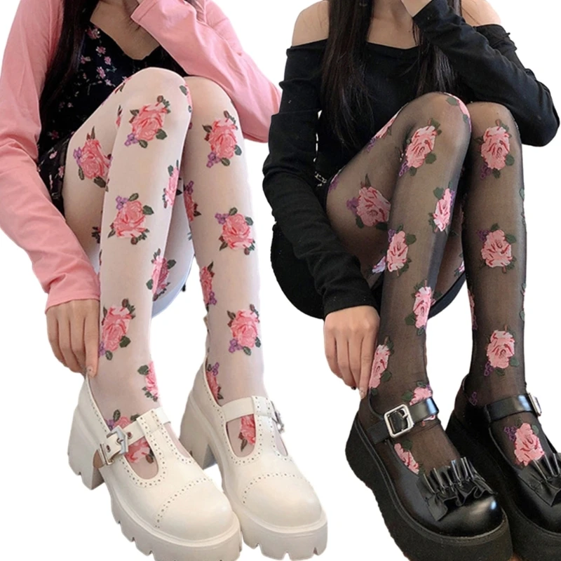 Vintage French Rose Patterned Sheer Stockings Pantyhose for Women Japanese JK Girl Sexy Silky Footed Tights Thin Hosiery