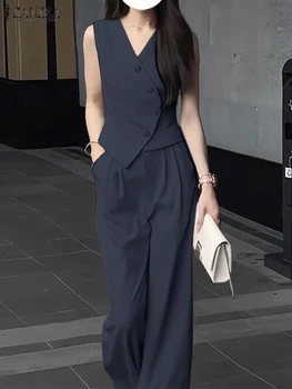 ZANZEA Elegant Summer Sleeveless Tops Wide Leg Trousers 2 Piece Sets Solid Office Lady Outfits Women OL Work Pants Sets 2PCS 1