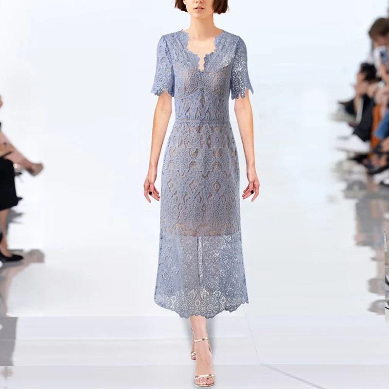

European Runway Designer Dress Women Elegant V-neck Short Sleeve Blue White Hollow Out Lace Summer Dresses 2023 Midi Vestido