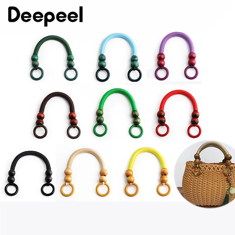 2Pcs Deepeel 37cm Wooden Bead Bag Handle Rope Handles Handbag Shoulder Strap DIY Handmade Sewing Purse Woven Bags Accessories 5 10pcs deepeel 85mm silver bag handles sewing brackets 20mm color bead purse frame kiss clasp diy handmade handbag accessories