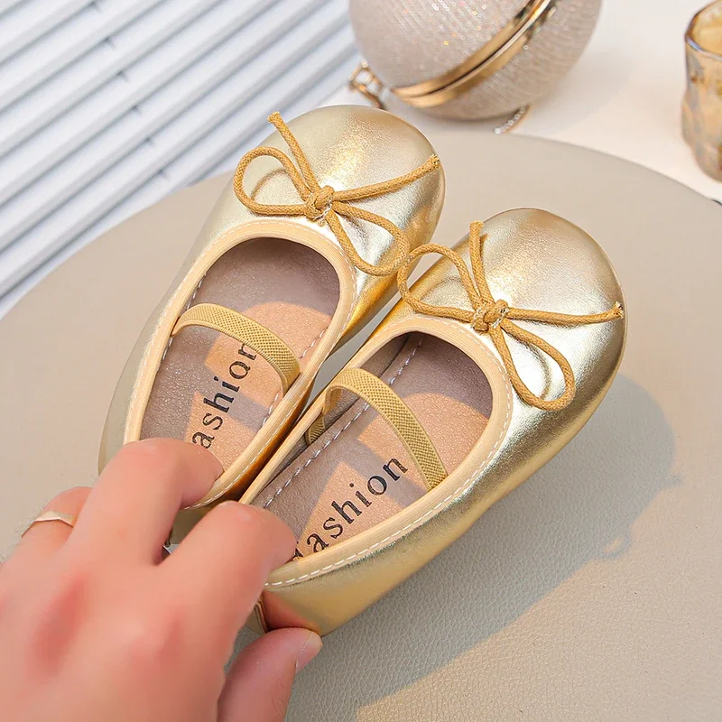 Leather Kids Ballet Shoes Wine Red Classic Bowknot