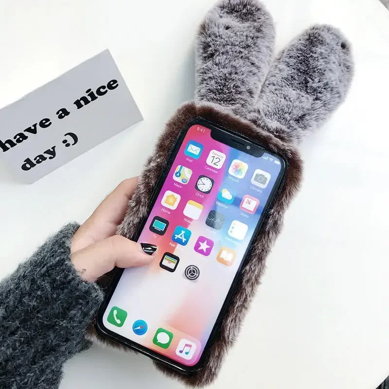 Fluffy Bunny Plush 3D Fur Phone Case - Cute Rabbit Silicone Cover