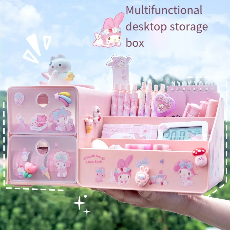Sanrio Melody Storage Box Pen Holder High Precision Desktop Kuromi Cartoon Student Large Capacity Drawer Stationery Organizer